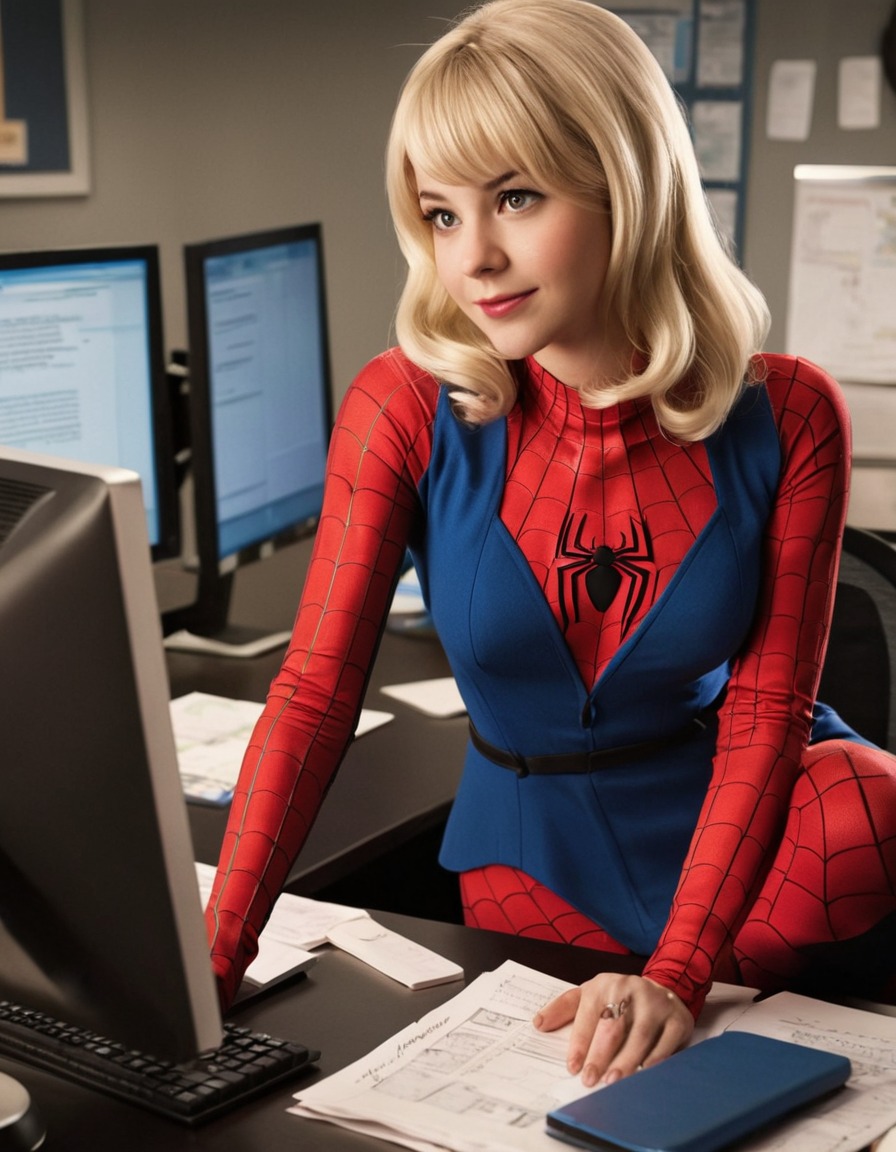 gwen stacy, spiderman, marvel, superhero, office worker, alternate universe