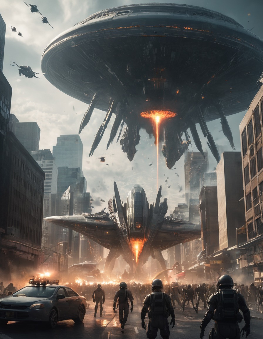 sci-fi, futuristic, cityscape, alien invasion, battle, aliens, three body problem, trisolaran