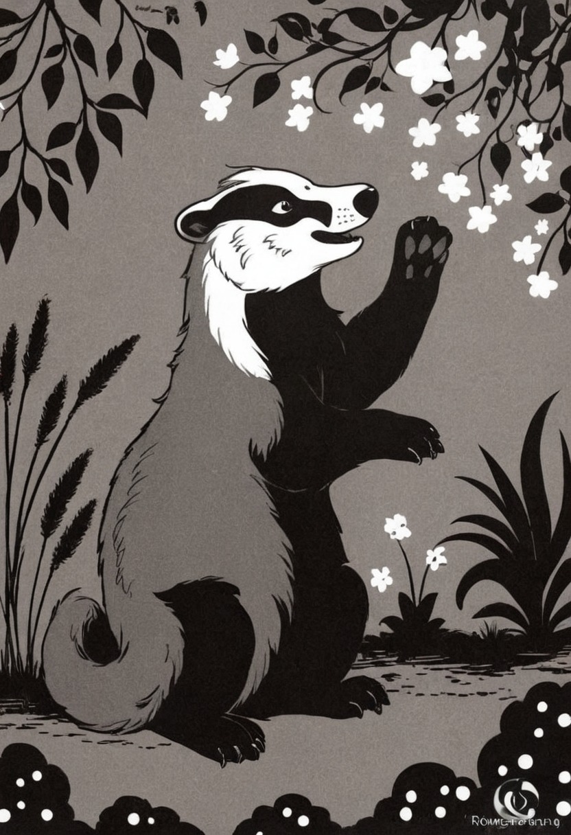 animal, animalart, badger, greyscale, markers, stars