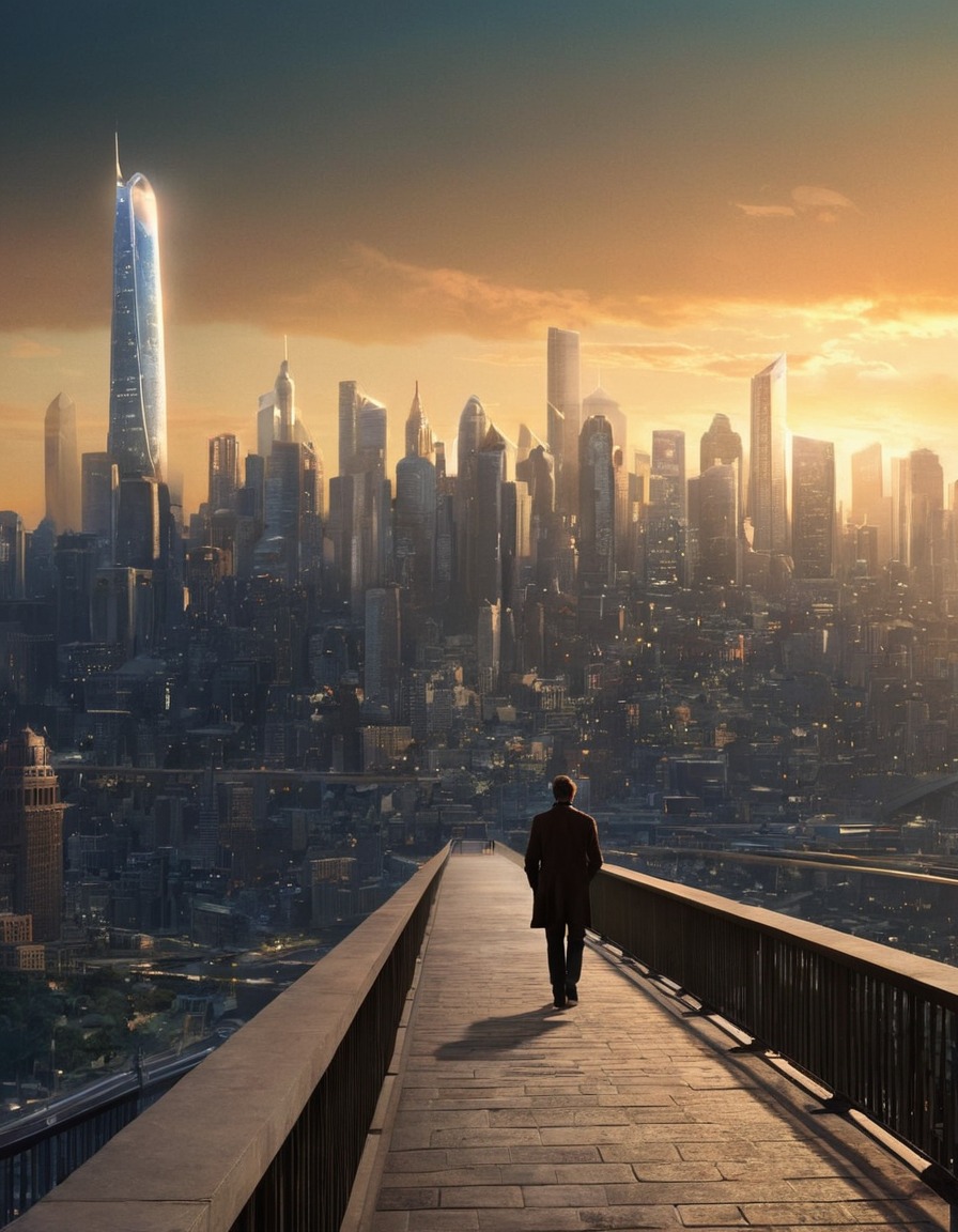 city skyline, man, walking, contemplation, loneliness, movies