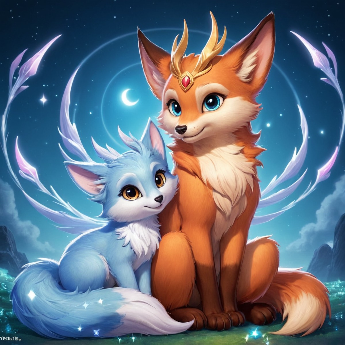 adoptable, fox, magic, bluefox, crescentmoon, fantasy, magical, magicalcreatures, nightsky, purpleeyes, sitting, stars, orangefox