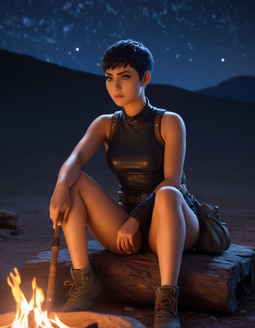 furiosa, quiet reflection, campfire, stars, thought, mad max