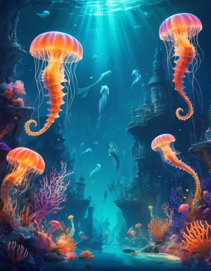 fantasy, underwater, mermaids, seahorses, jellyfish, fantastic