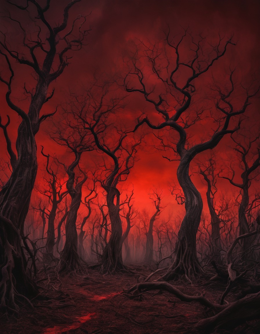 forest, gnarled trees, blood-red sky, menacing shapes, gothic, underground, dark