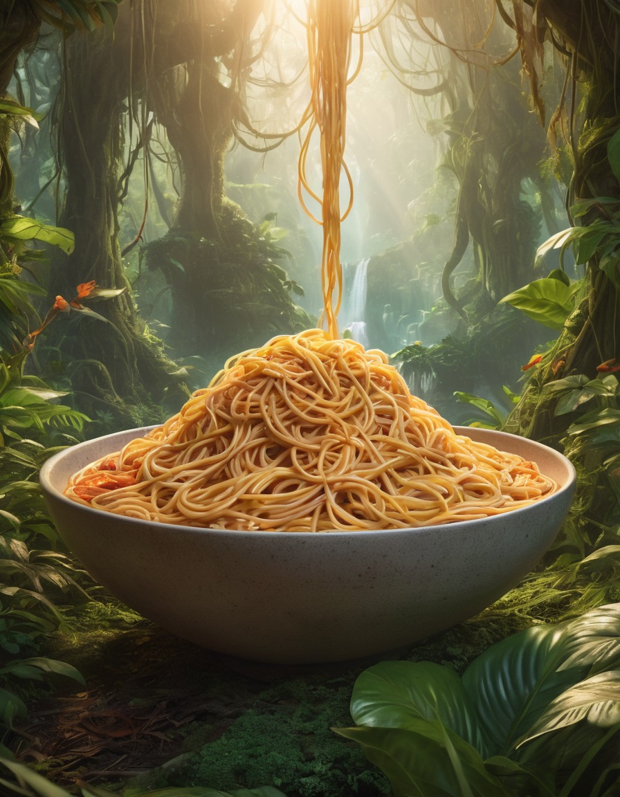 spaghetti, jungle, giant, strange, food, nature, unexpected