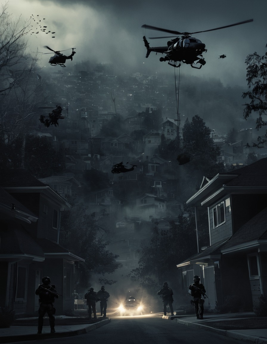 helicopters, swat teams, residential neighborhood, war, usa