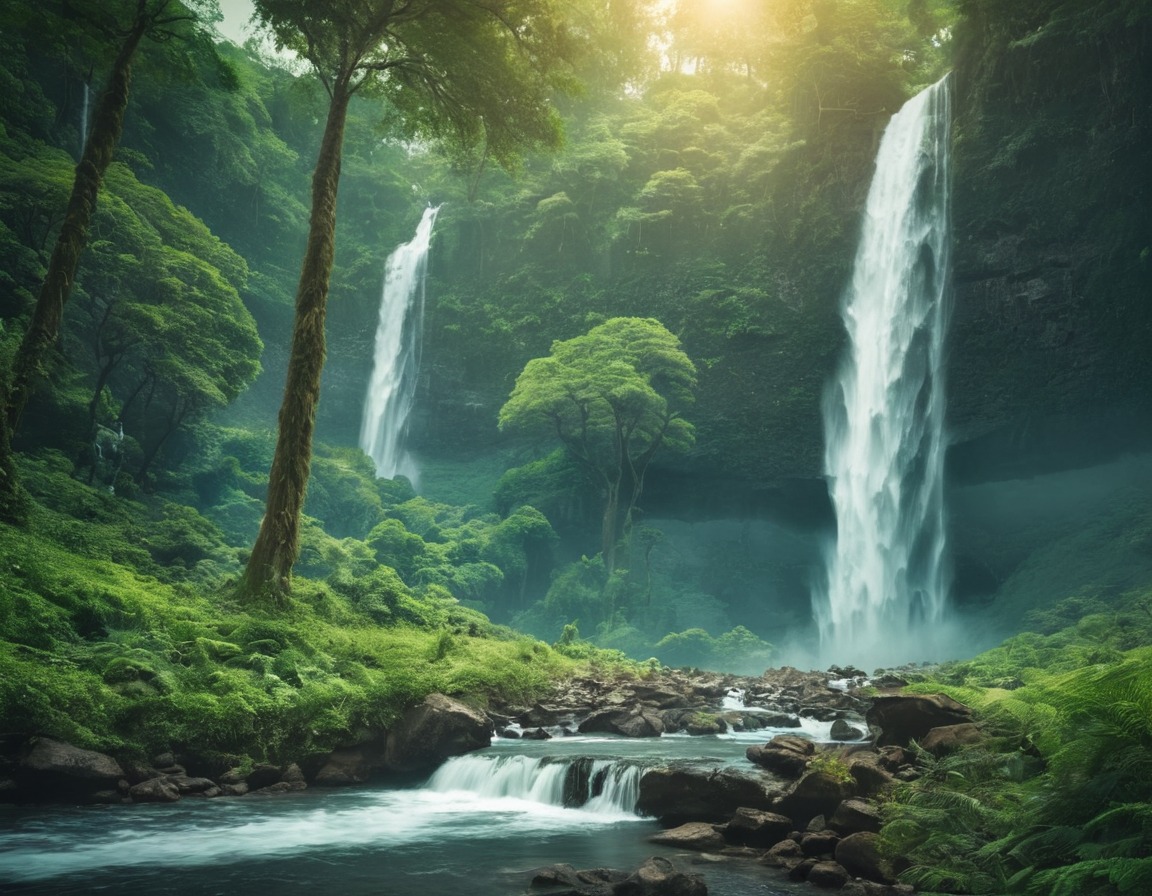 nature, waterfall, forest, lush, majestic