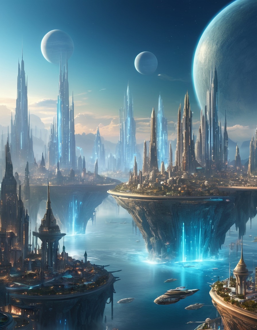 alien, floating city, ethereal, translucent, shimmering, otherworldly, extraterrestrial, aliens