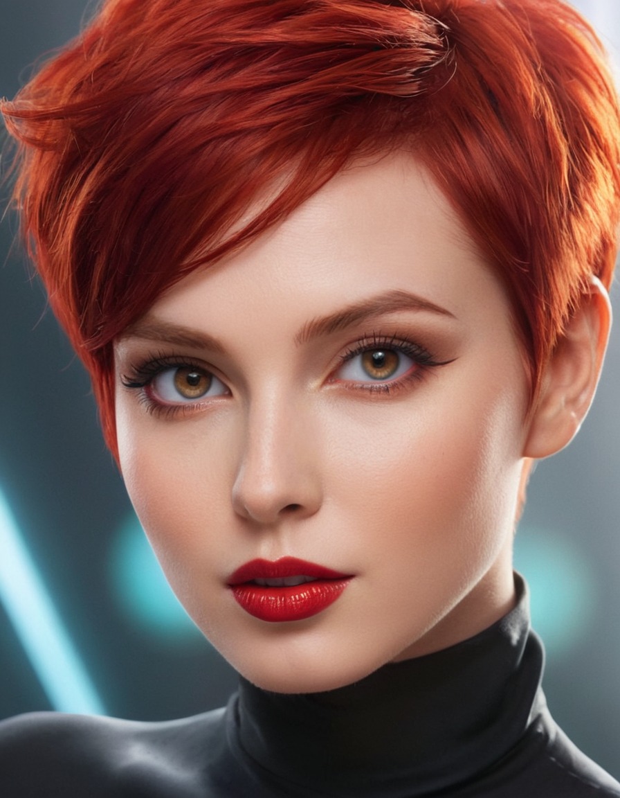 digital art, woman, catlike eyes, pixie cut, red hair, beauty