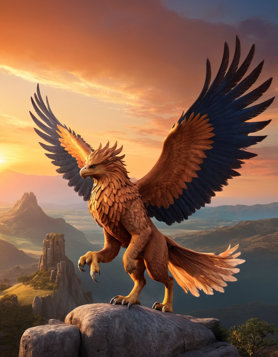 griffin, mythical creature, landscape, sunset