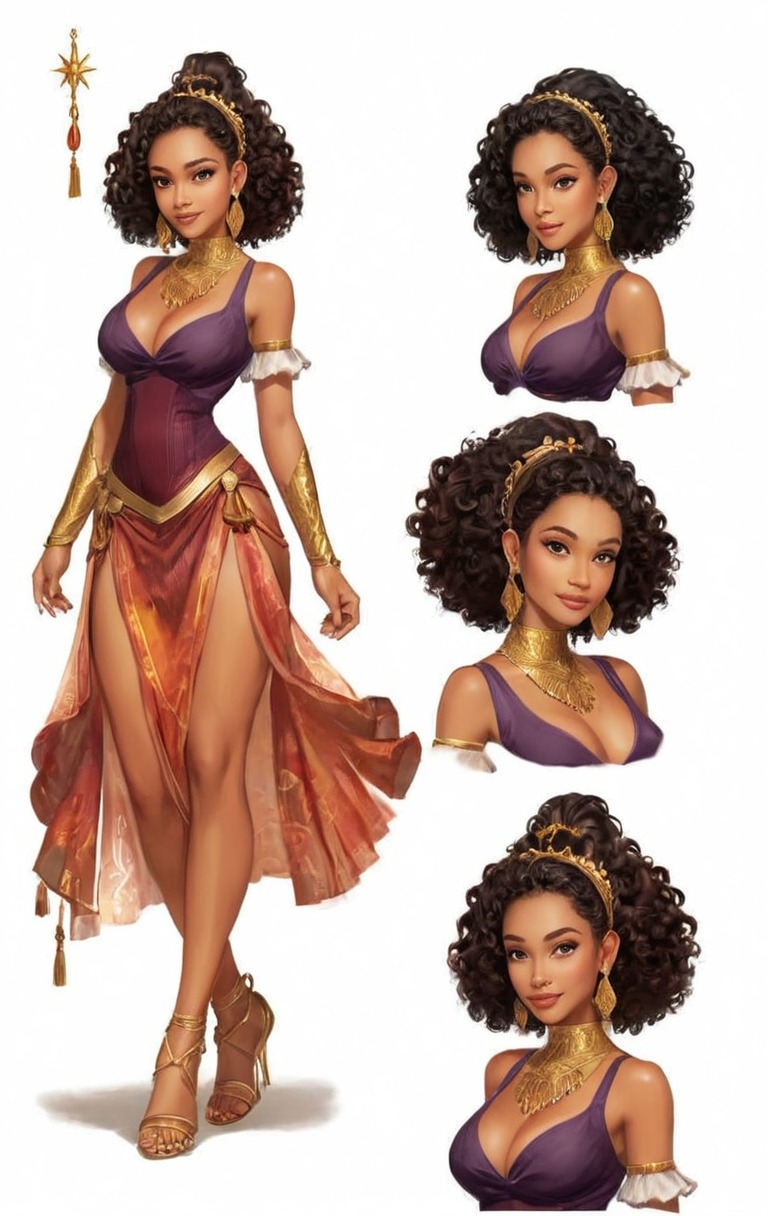 characterdesign, fantasycharacter, digitalart, cartoon, conceptart, characterconcept, beautiful, bosoms, curlyhair, dress, fashion, female, girl, gypsy, seethrough, style