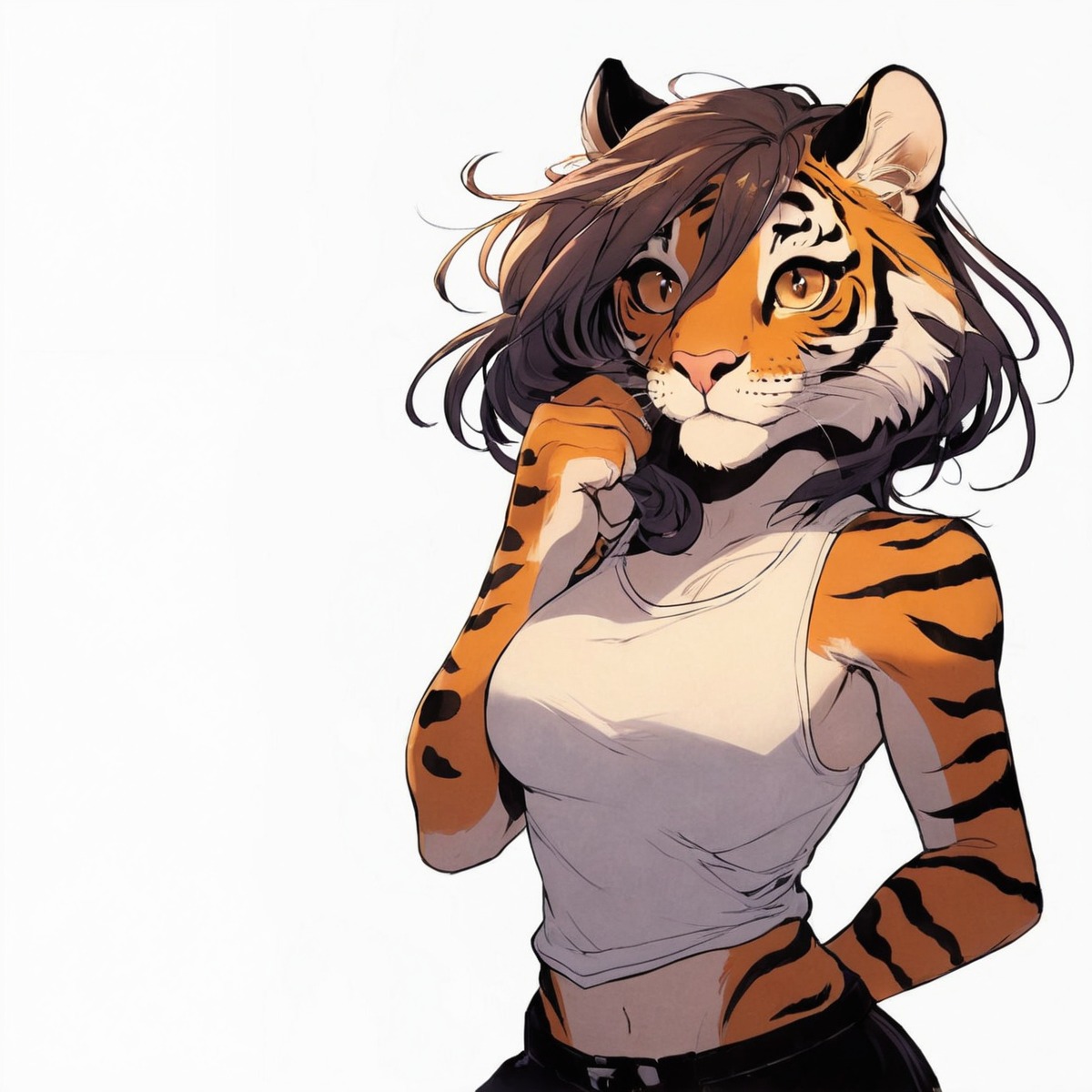 characterdesign, tiger, digitalart, cartoon, portrait, feline, adoptable, adopt, background, exclusive, fantasy, furry, furryanthro, furryfemale, originalcharacter, tanktop, tigeranthro, tigergirl, tigress, wallpaper, furrycharacter, aiart, adoptablesopen