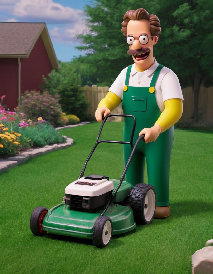 ned flanders, the simpsons, lawn mowing, happy, suburban life, simpsons