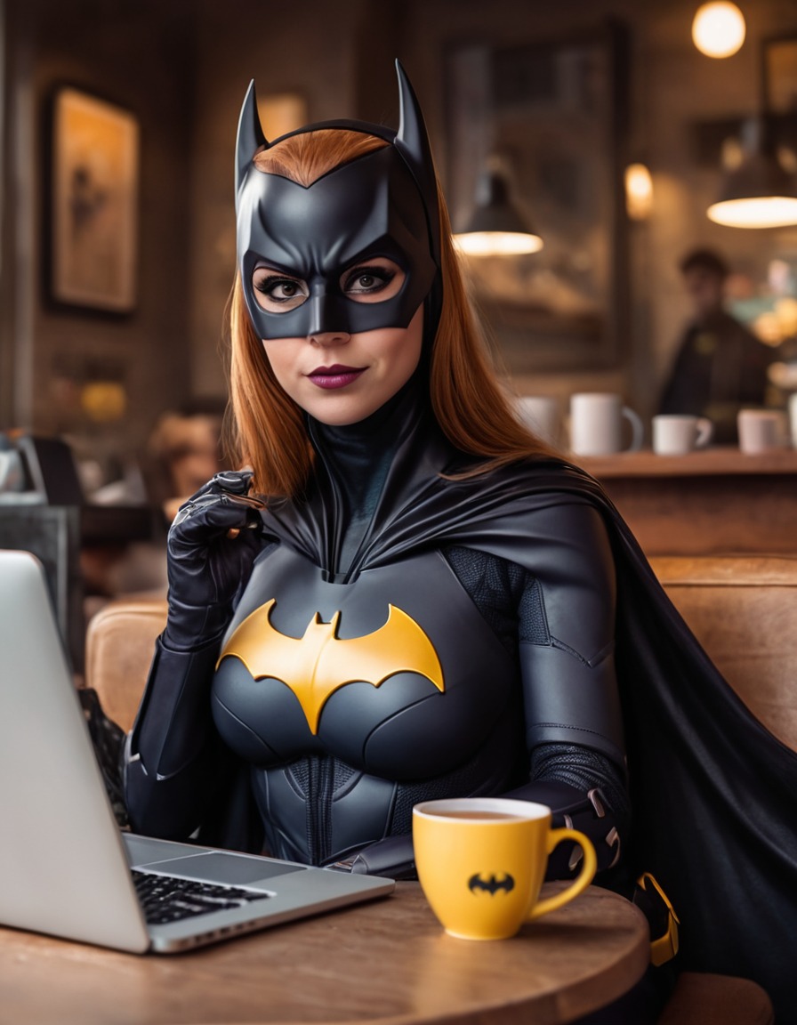 superhero, batgirl, coffee shop, relaxation, technology, superheroine, bikini