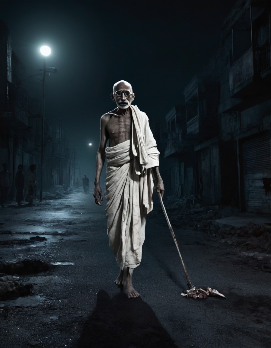 mahatma gandhi, zombie, deserted street, night, horror