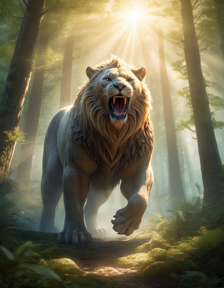 questing beast, mythical creature, forest, sunlight, fantasy, wild, majestic