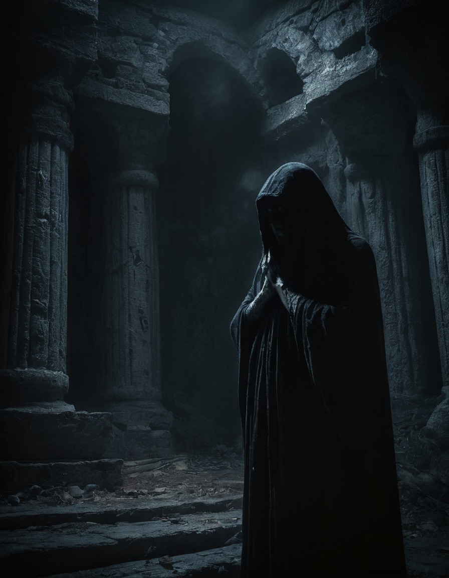 mystical, prophecy, shadowy figure, forgotten temple