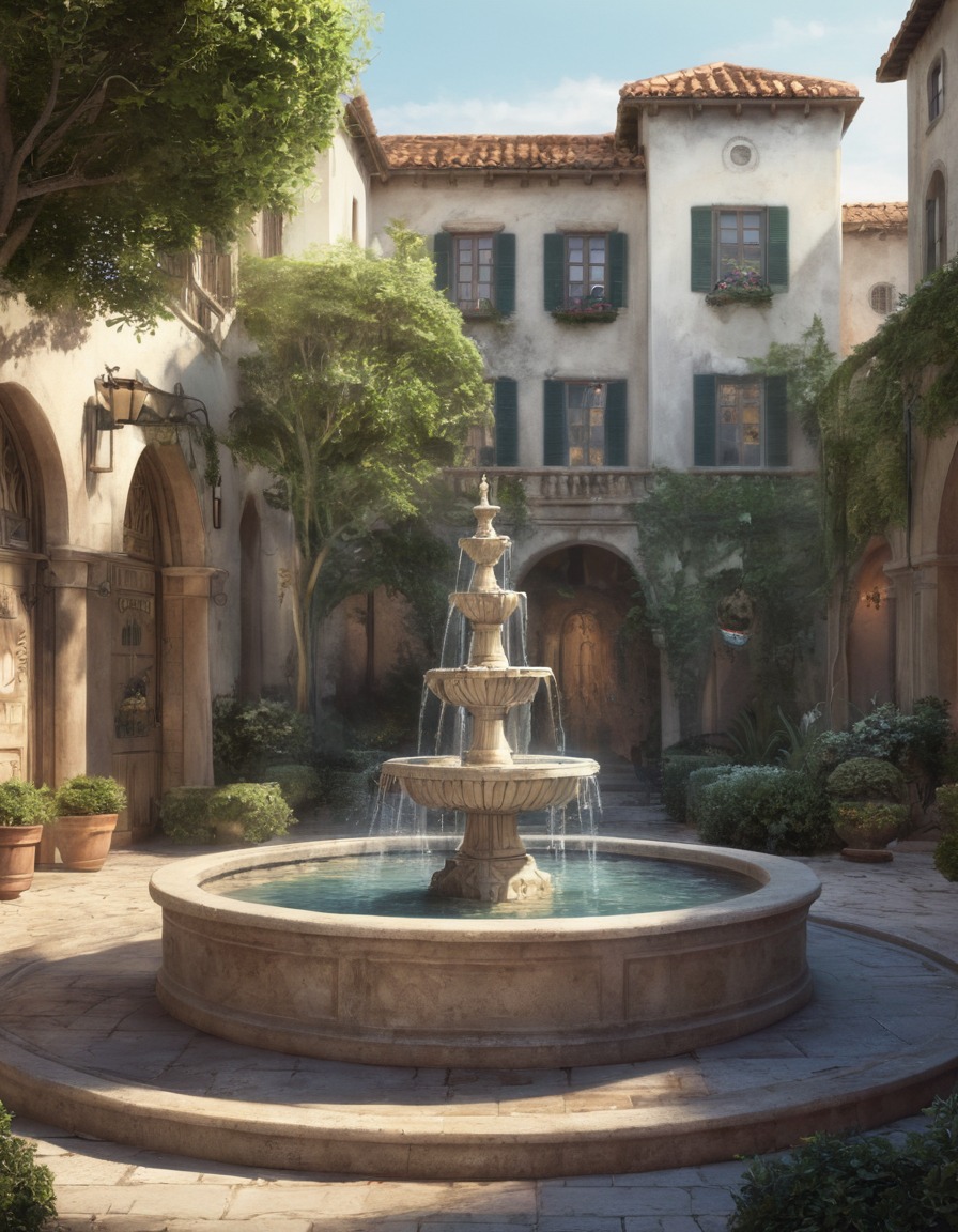 courtyard, fountain, peaceful, serene, outdoor