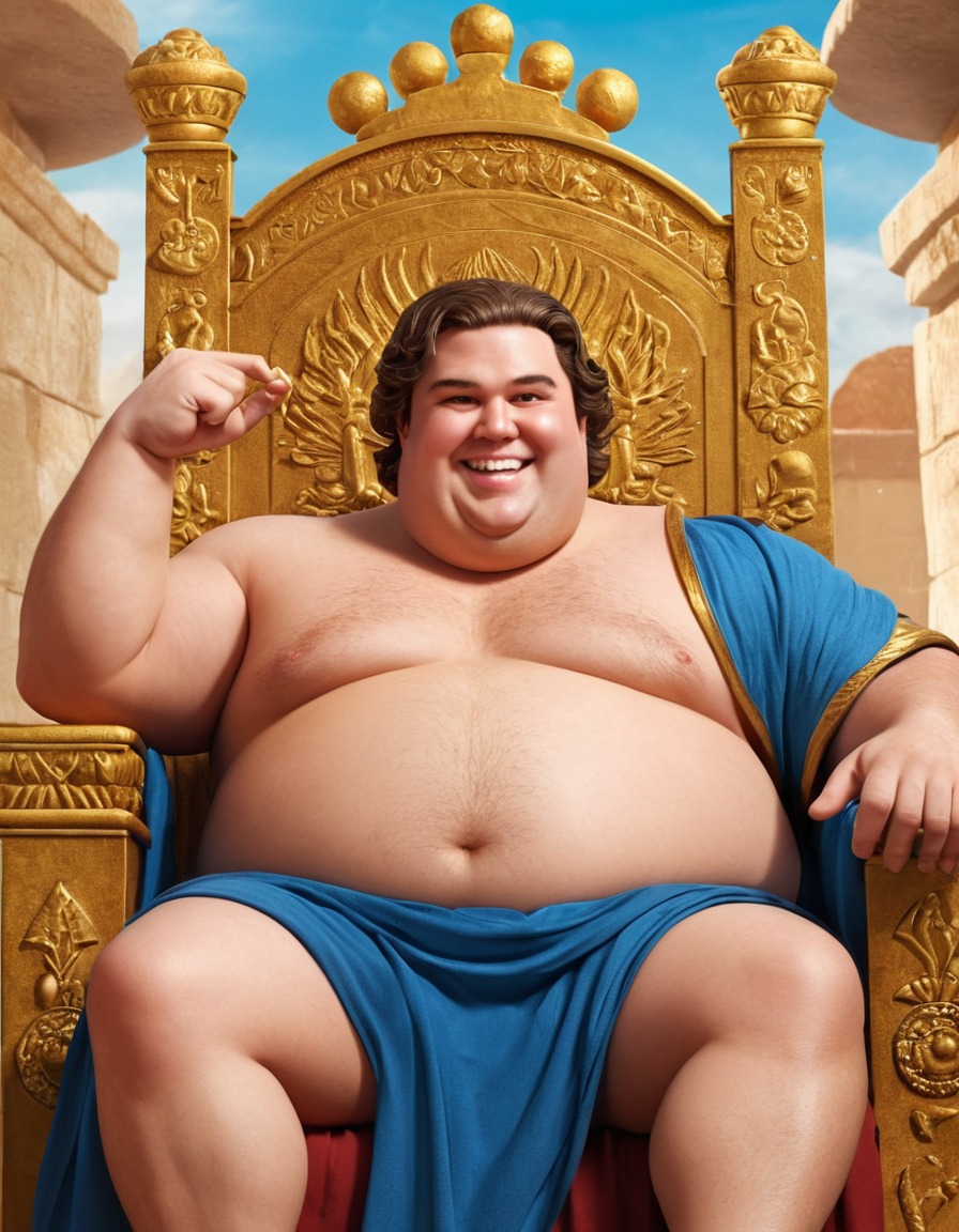 alexander the great, cartoon, illustration, overweight, throne, comical, humor, fat