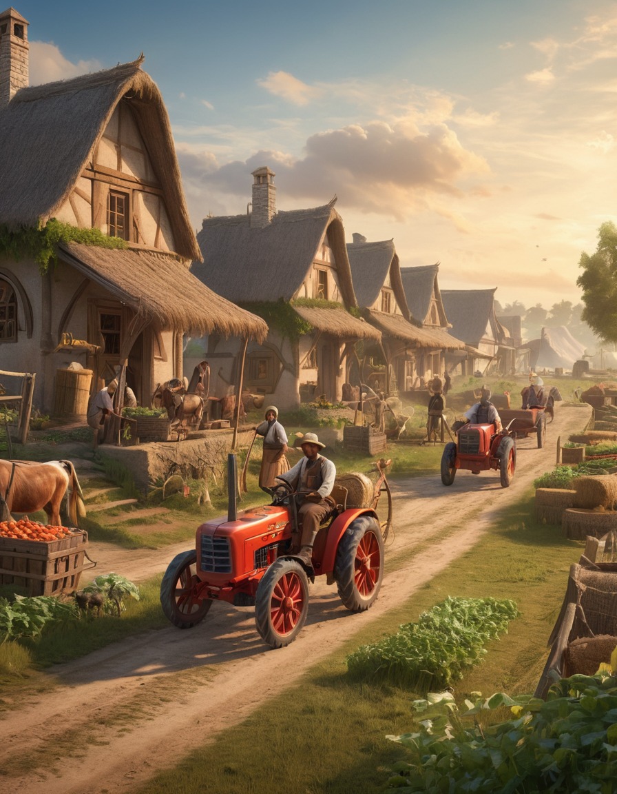 village, peasants, high-tech, farming equipment, medieval, art