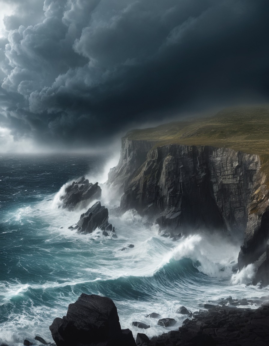 stormy, dramatic, seaside, cliff, waves, nature