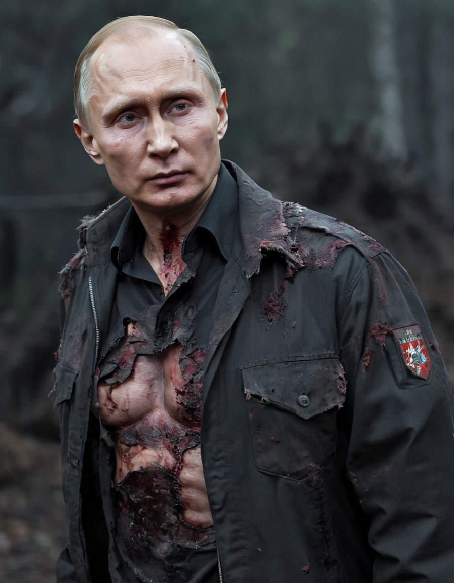 vladimir putin, zombie, tattered clothing, menacing expression, politics