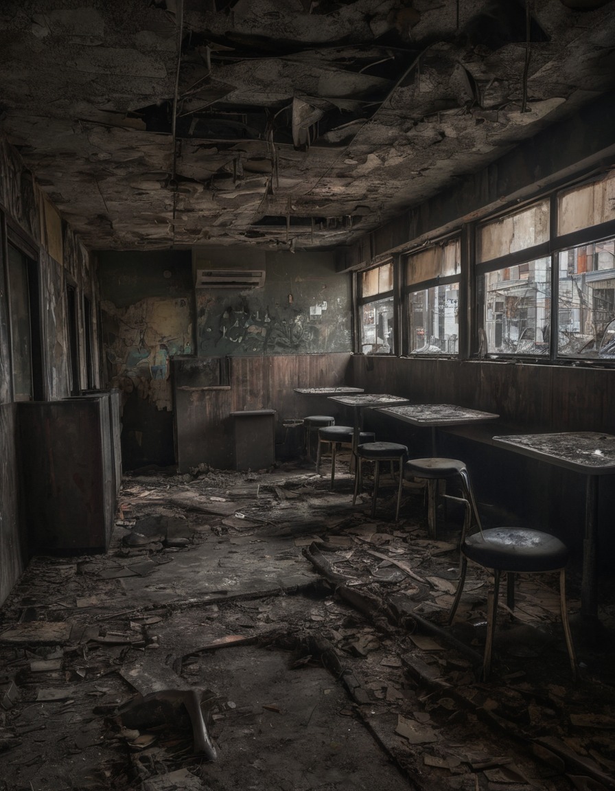 abandoned, restaurant, urban, big city, disused building, empty establishment