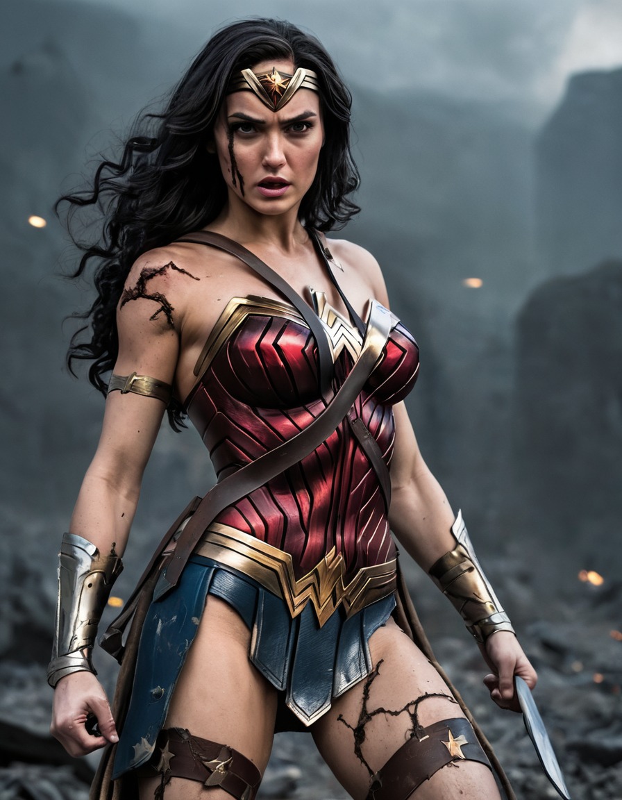 wonder woman, superhero, strength, resilience, battle-damaged outfit