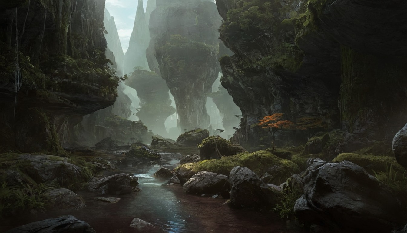 concept, path, environment, exile, forest, game, jungle, mattepainting, mood, painting, ruin, screen, waterfall, art, photobas