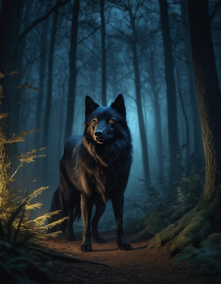 mystical, forest, night, black shuck, ghostly figure