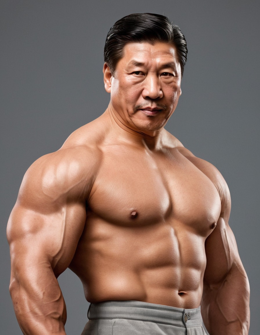 xi jinping, bodybuilder, muscular, flexing, strength, serious, humor