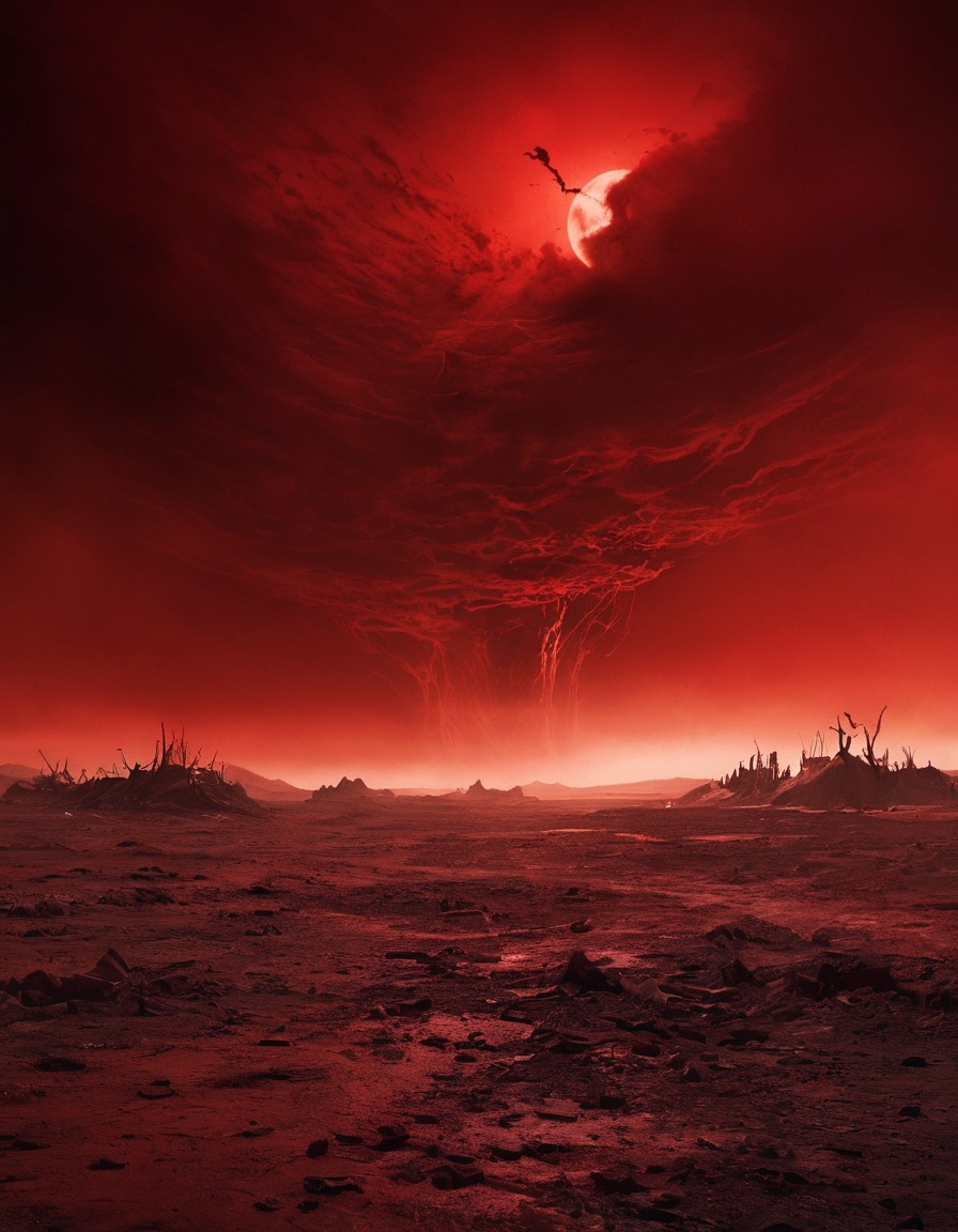 desolate wasteland, blood-red sky, eerie glow, nature landscape, gothic, underground, dark