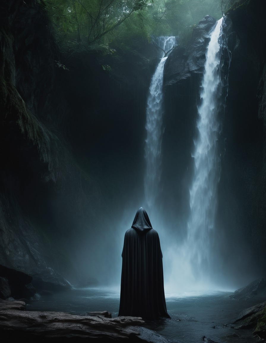 mystical, hooded figure, chanting, waterfall, nature, spiritual, meditation