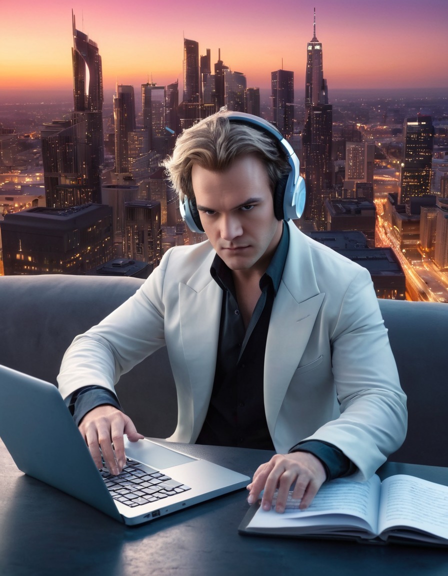 beethoven, composer, laptop, headphones, skyline, modern city