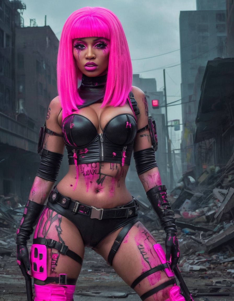 nicki minaj, neon pink wig, outrageous outfit, post-apocalyptic, cityscape, zombified, zombie, celebrities