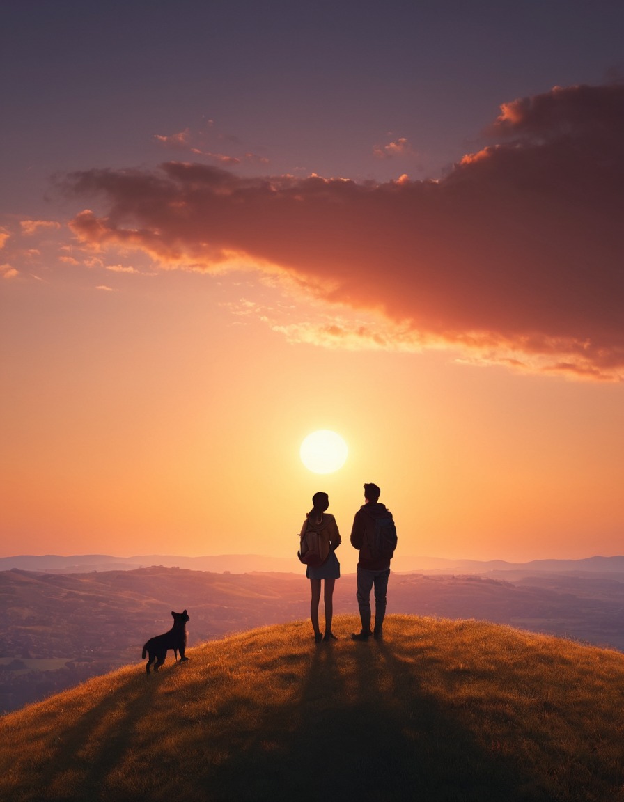 friendship, sunset, hilltop, silhouette