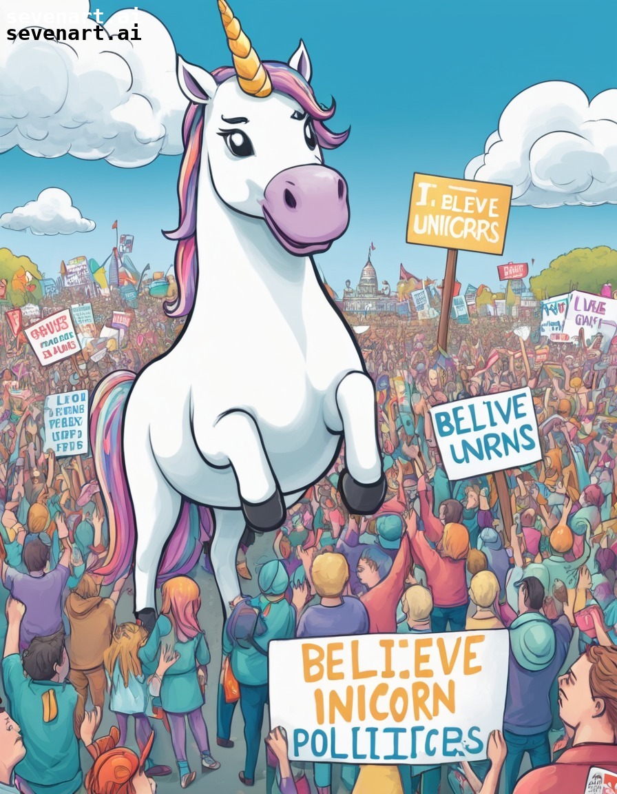 political rally, supporters, signs, unicorns, satire, politics, sarcasm