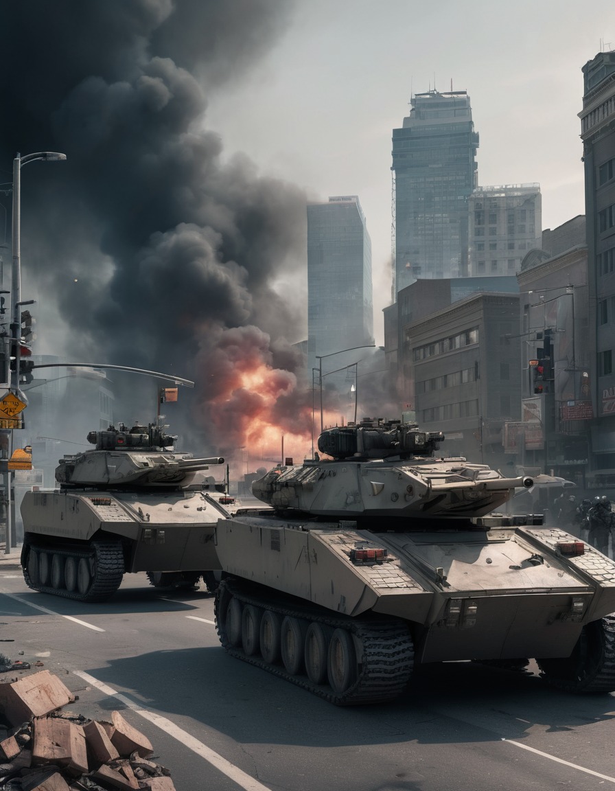 armored vehicles, city intersection, smoke, debris, war, usa