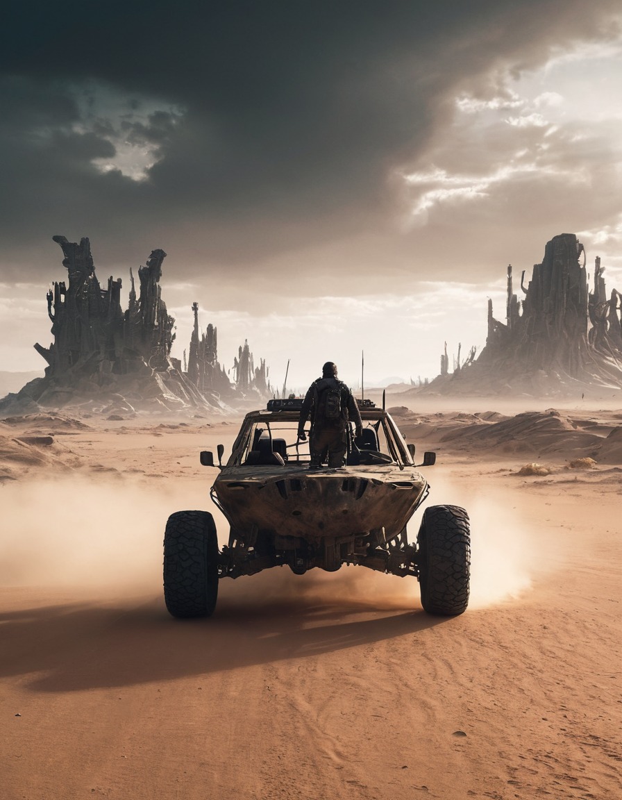 post-apocalyptic, desert wasteland, lone figure, heavily modified vehicle, horizon, apocalyptic scenario, mad max