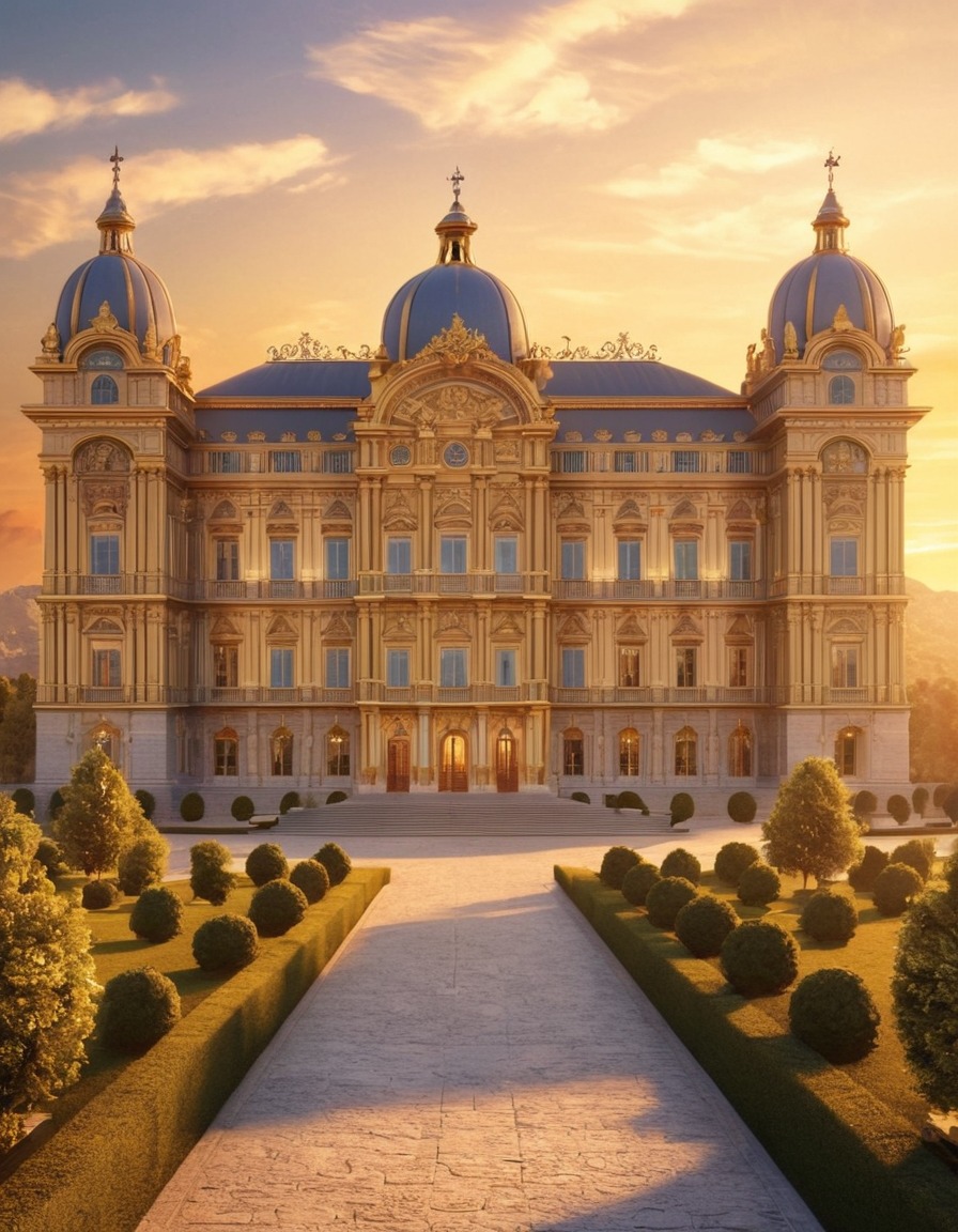 baroque architecture, palace, sunset, golden light, architecture