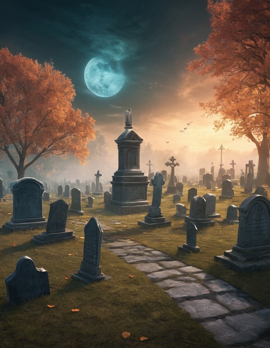 haunted graveyard, ghostly apparitions, fantasy scene, spooky atmosphere, supernatural entities, eerie setting