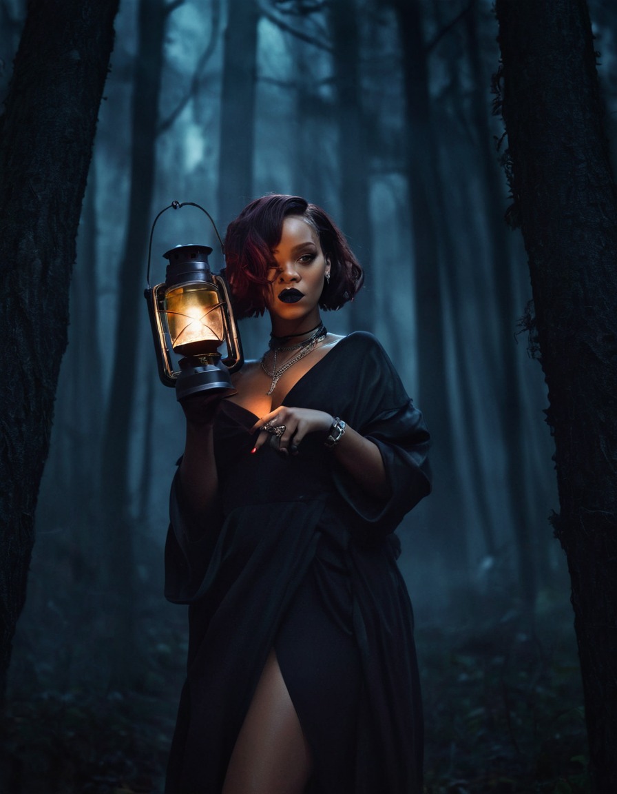 rihanna, dark forest, lantern, fear, haunted, singer