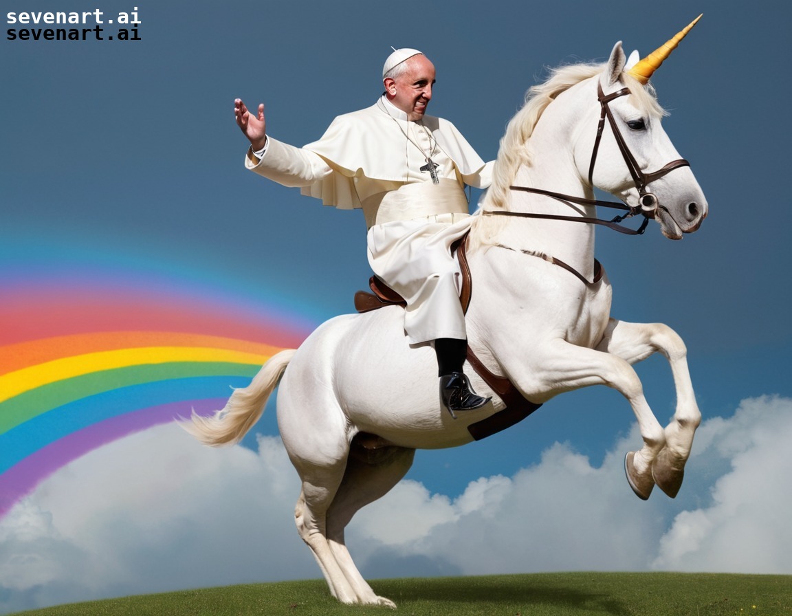 cartoon, pope francis, unicorn, rainbow, fantasy, vatican