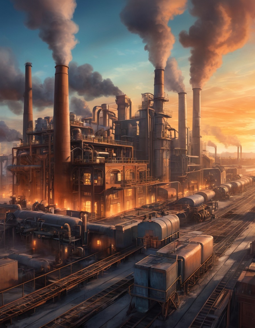 factory, industrial, machinery, smokestacks, digital art