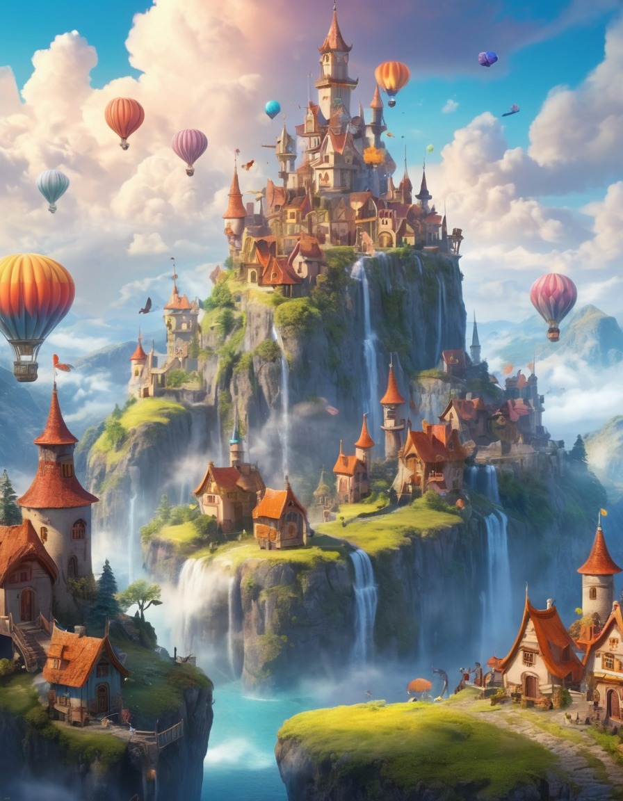 fantasy, whimsical, village, clouds, creatures, wings, feathers, fantastic