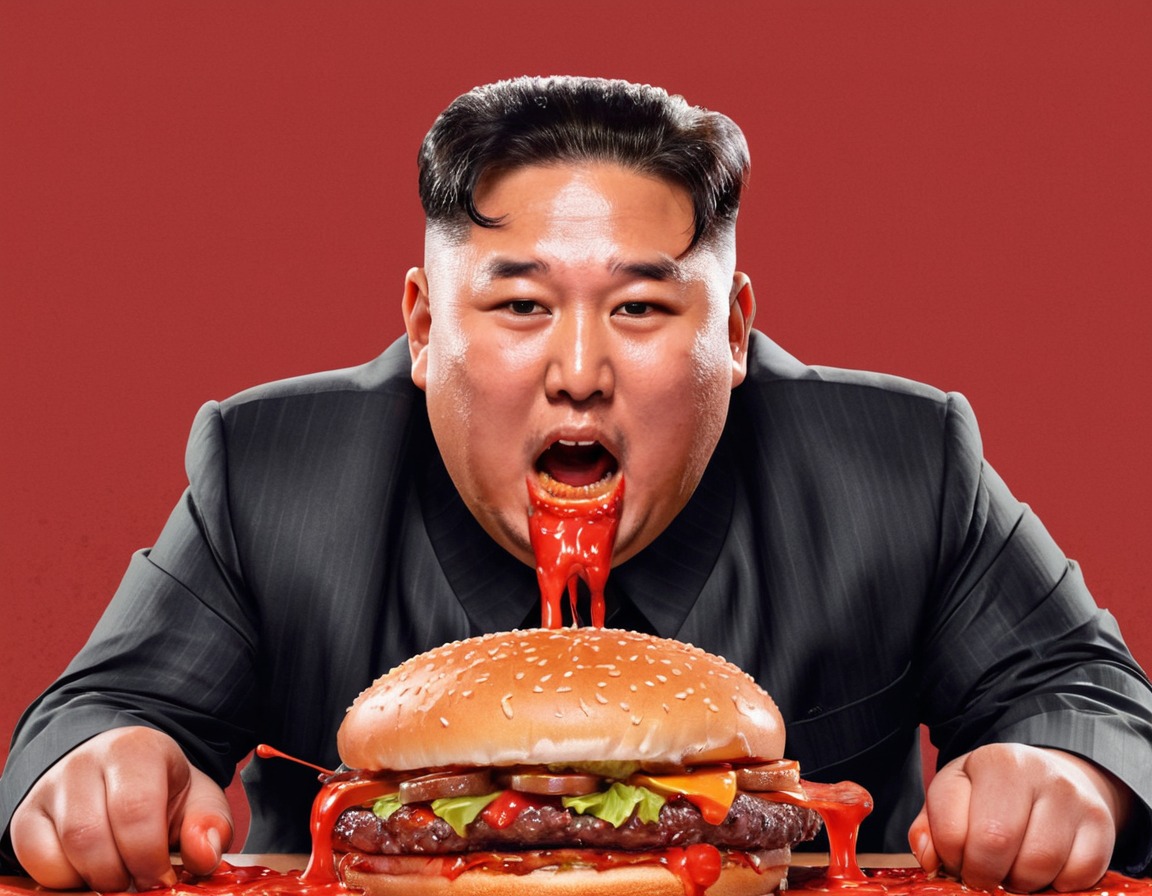 kim jong-un, hamburger, ketchup, messy eating, humor, north korea