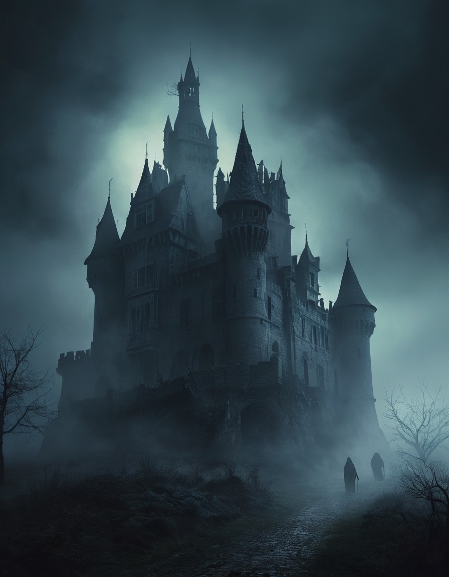 haunted castle, mist, eerie shadows, spooky atmosphere, gothic, underground, dark