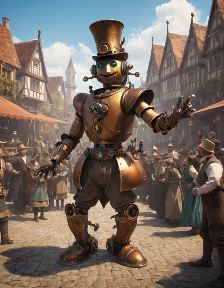 steampunk, robot, jester, performance, village square, crowd, medieval, art