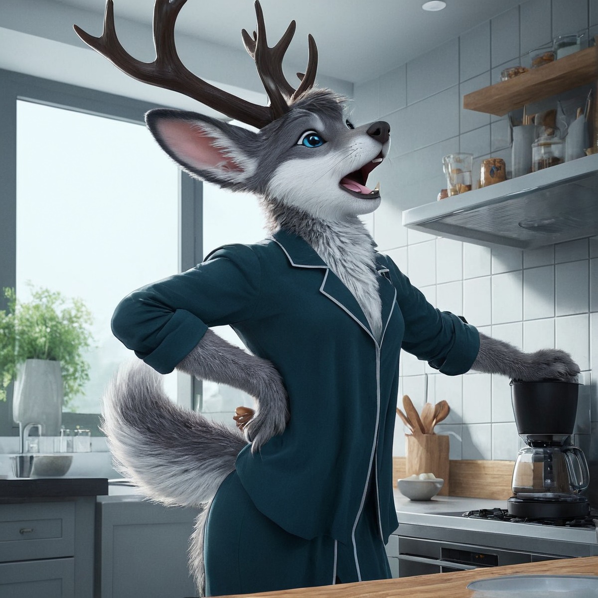 deer, anthrofurry, coffee, hare, kitchen, pajamas, yawn, ai_generated