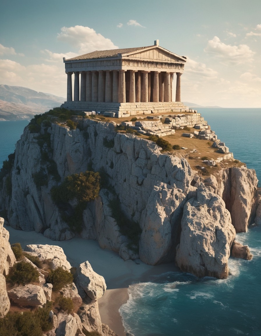 greek, temple, ancient, hilltop, sea